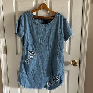 Redfox Blue Denim Distressed Dress With White Fringe On Sleeves & Bottom Size L